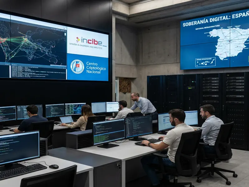Inteligencia artificial soberana implementada con inteligencia artificial on premise España - UE en un centro de control con operarios monitorizando redes y servidores locales. Visualización de datos de seguridad nacional con logotipos de INCIBE y el Centro Criptológico Nacional para defensa activa sin internet.