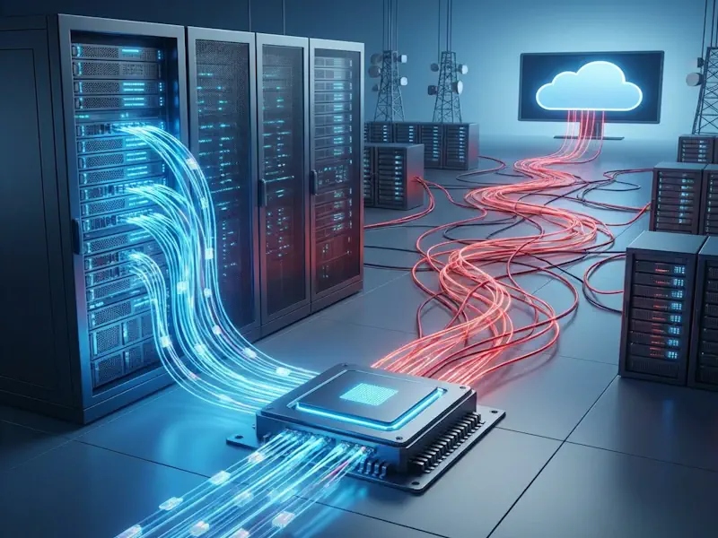 Inteligencia artificial soberana con inteligencia artificial on premise España - UE más rápida que la nube, chip local con flujo de datos azul directo frente a cables rojos enredados hacia cloud externo