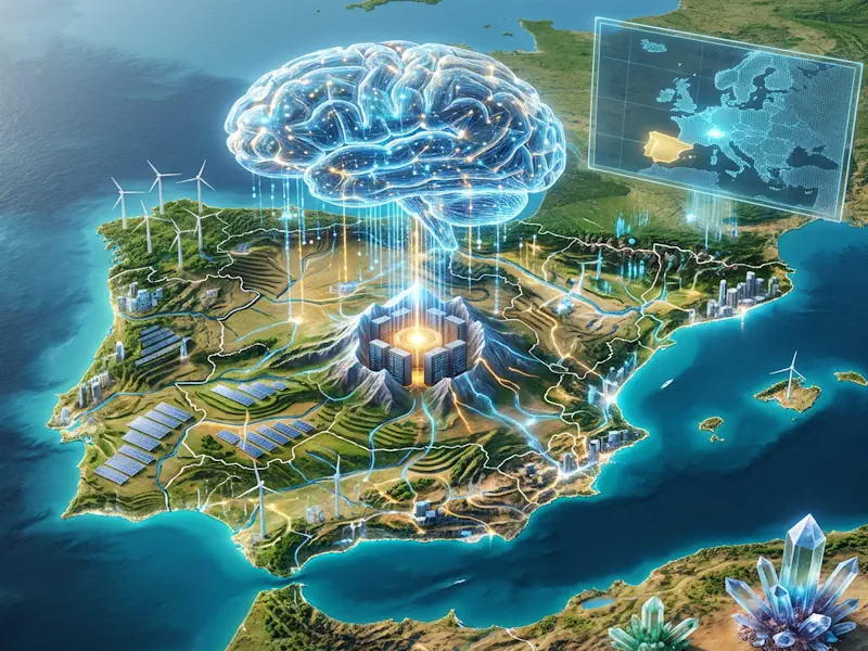 Inteligencia artificial soberana con inteligencia artificial on premise España - UE representada por un cerebro digital sobre el mapa de la Península Ibérica, integrando energía renovable, centros de datos locales y tecnología soberana para empresas europeas.