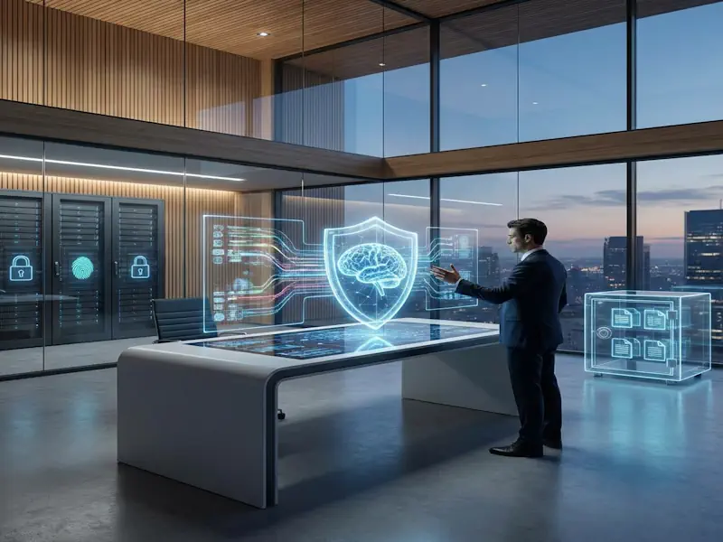 Infraestructura de inteligencia artificial on premise España - UE en CPD soberano para despacho de abogados, con racks de servidores iluminados y residencia de datos garantizada bajo secreto profesional
