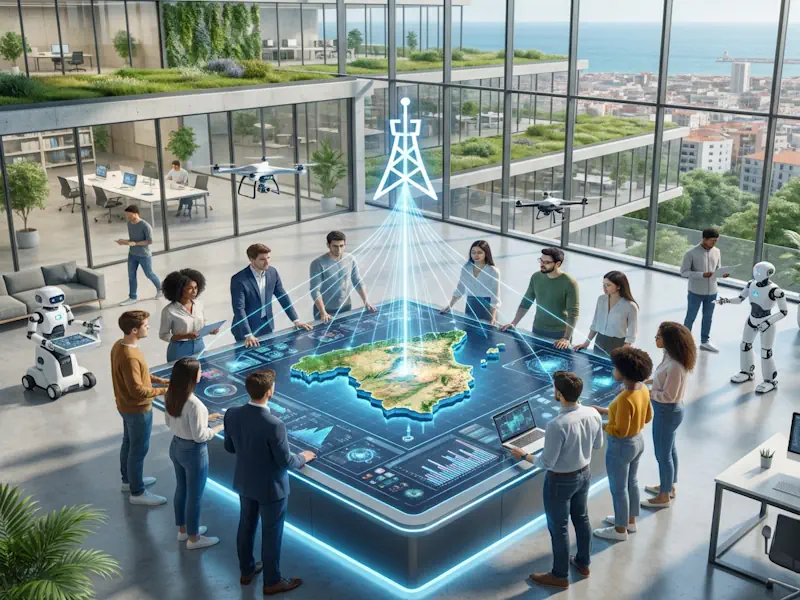 Inteligencia artificial soberana con inteligencia artificial on premise España - UE desarrollada por talento joven en una oficina moderna, utilizando una mesa táctil holográfica con el mapa de España para la gestión de infraestructuras digitales y automatización empresarial.