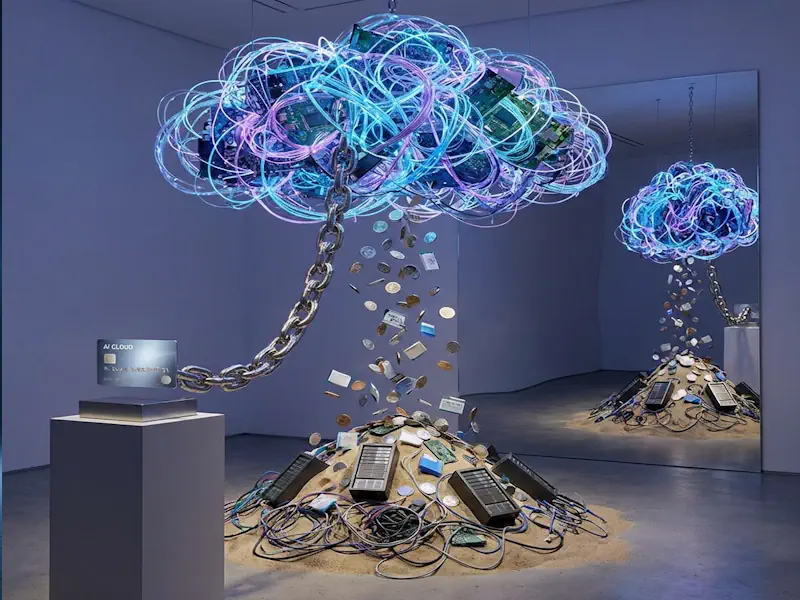 Costes ocultos de la inteligencia artificial on premise España - UE frente a la nube: instalación artística con nube de servidores encadenada a tarjeta de crédito, vertiendo dinero y hardware obsoleto por dependencia tecnológica