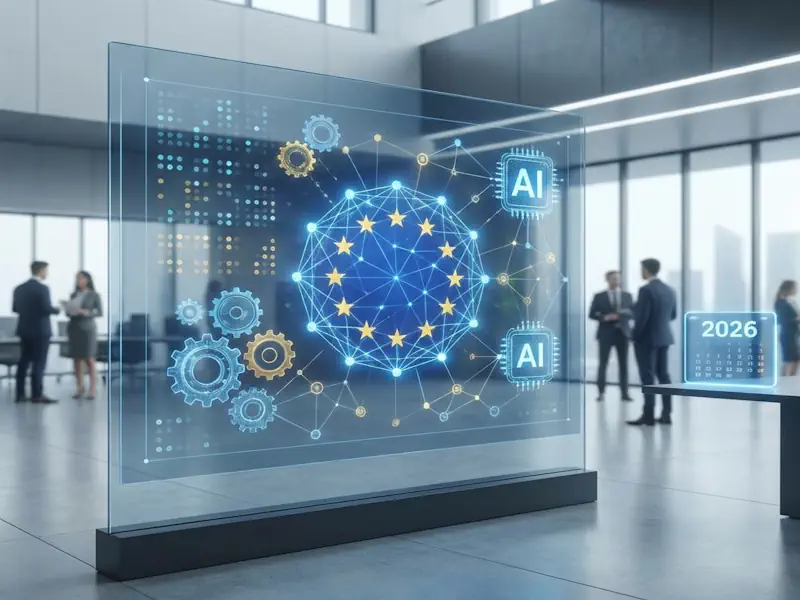 Inteligencia artificial soberana con inteligencia artificial on premise España - UE para empresa en 2026, pantalla holográfica con bandera europea, engranajes de automatización y chips AI en oficina corporativa