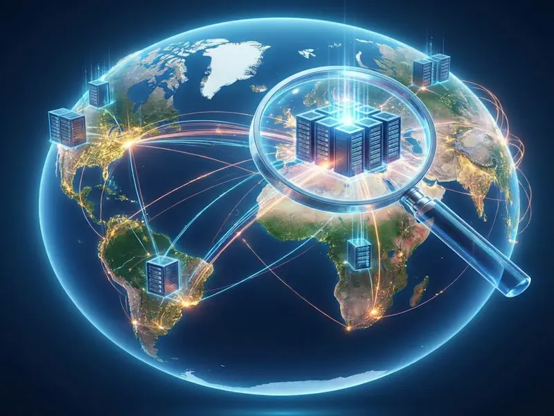 Inteligencia artificial soberana con inteligencia artificial on premise España - UE y residencia de datos garantizada, lupa enfocando servidores en territorio español frente a conexiones globales de cloud internacional