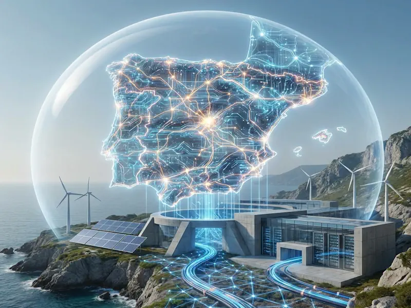 Inteligencia artificial soberana con inteligencia artificial on premise España - UE protegida por una cúpula digital sobre el mapa nacional, integrando un datacenter con energía solar para garantizar una alternativa a ChatGPT sin datos en USA.