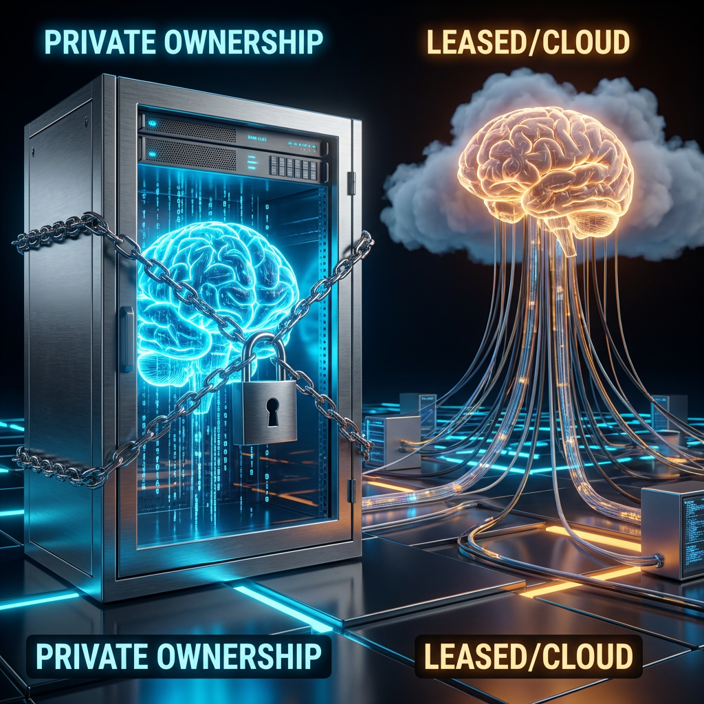 Sala de servidores de vanguardia con conexiones de fibra óptica azul y patrones de redes neuronales, simbolizando la potencia técnica y la baja latencia de la IA On-Premise.