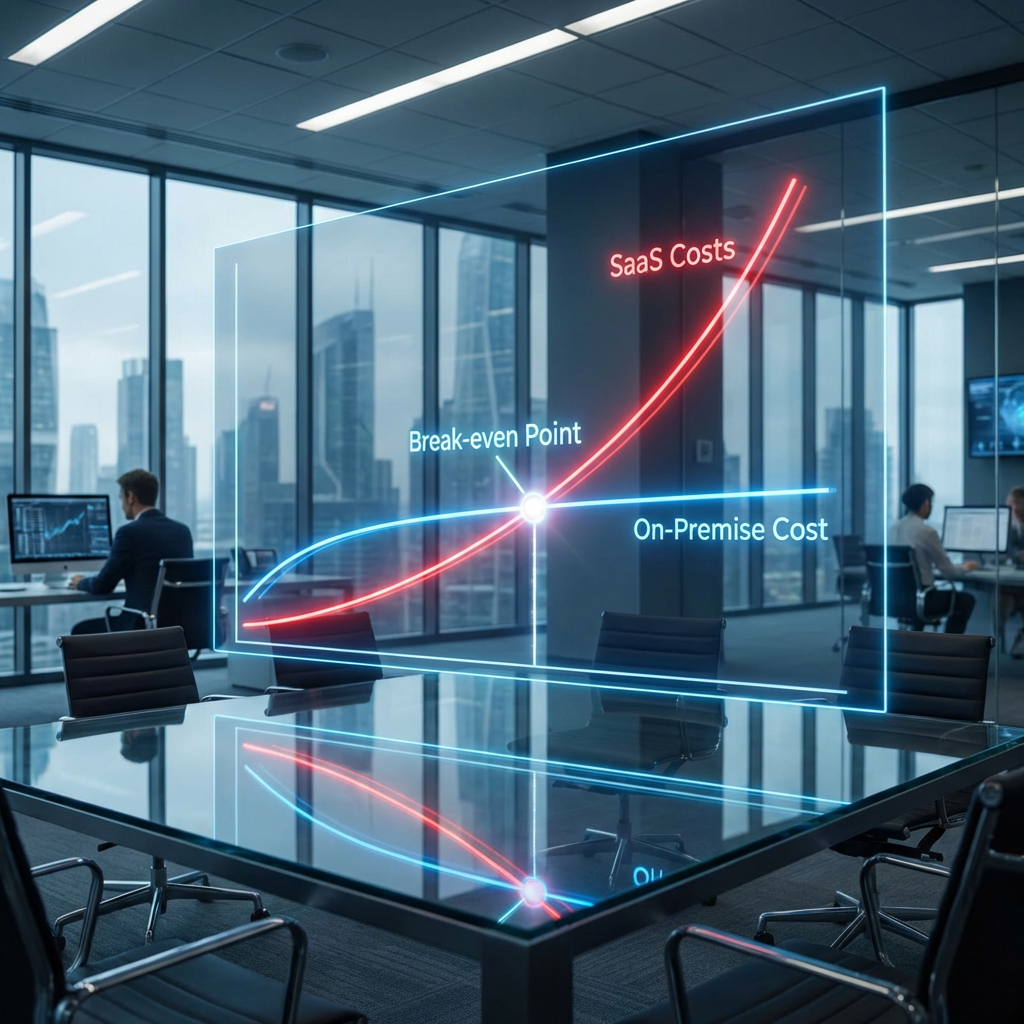 Sala de servidores de vanguardia con conexiones de fibra óptica azul y patrones de redes neuronales, simbolizando la potencia técnica y la baja latencia de la IA On-Premise.