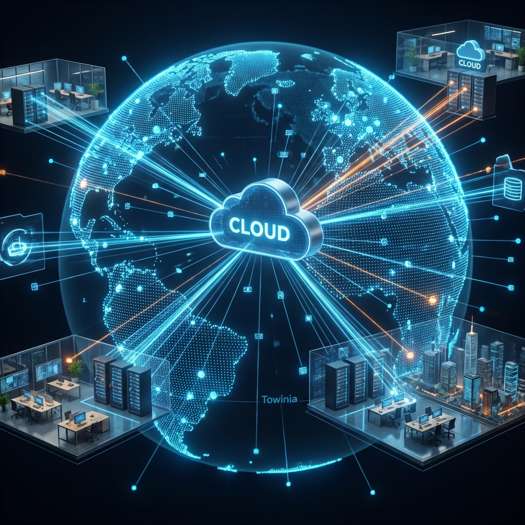 Escudo digital luminoso protegiendo una red local de infraestructuras externas, representando la soberanía tecnológica y la independencia de Towin-IA frente a nubes extranjeras.
