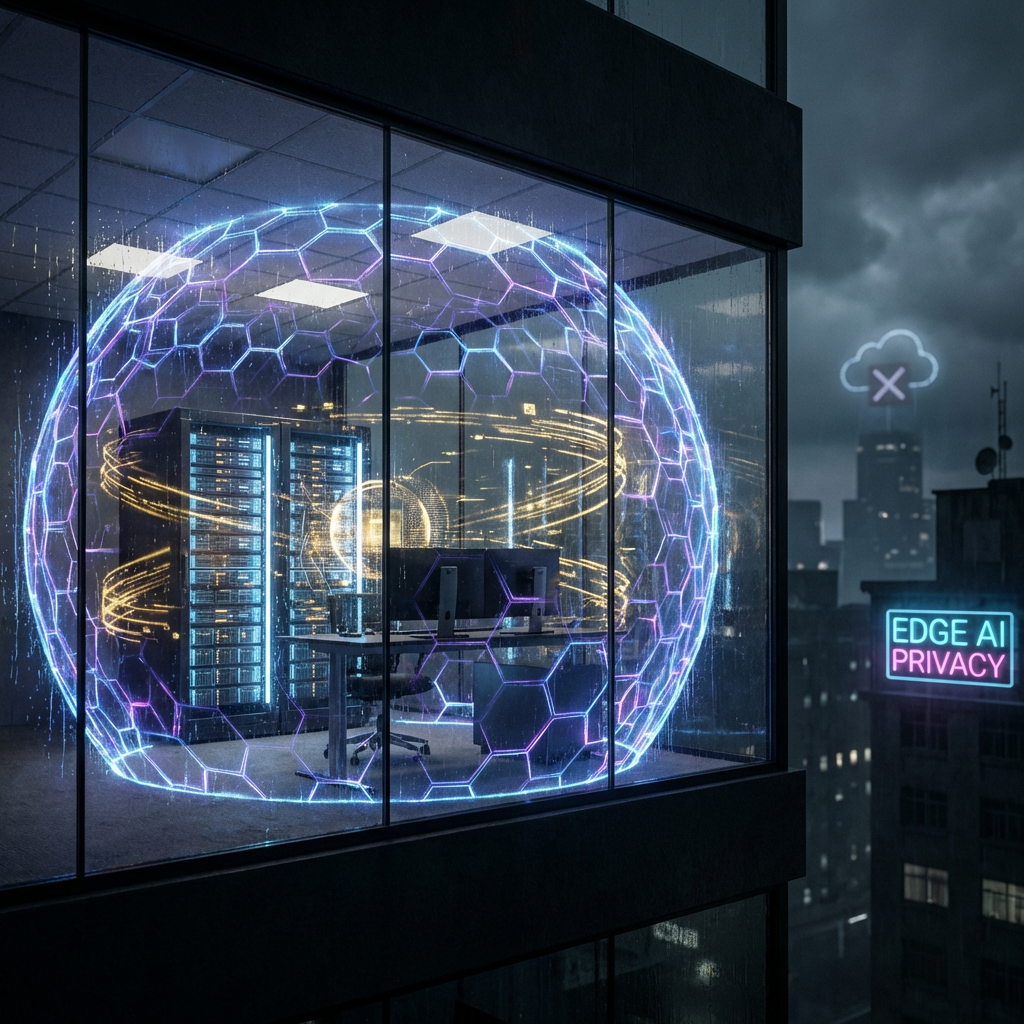 Sala de servidores de vanguardia con conexiones de fibra óptica azul y patrones de redes neuronales, simbolizando la potencia técnica y la baja latencia de la IA On-Premise.