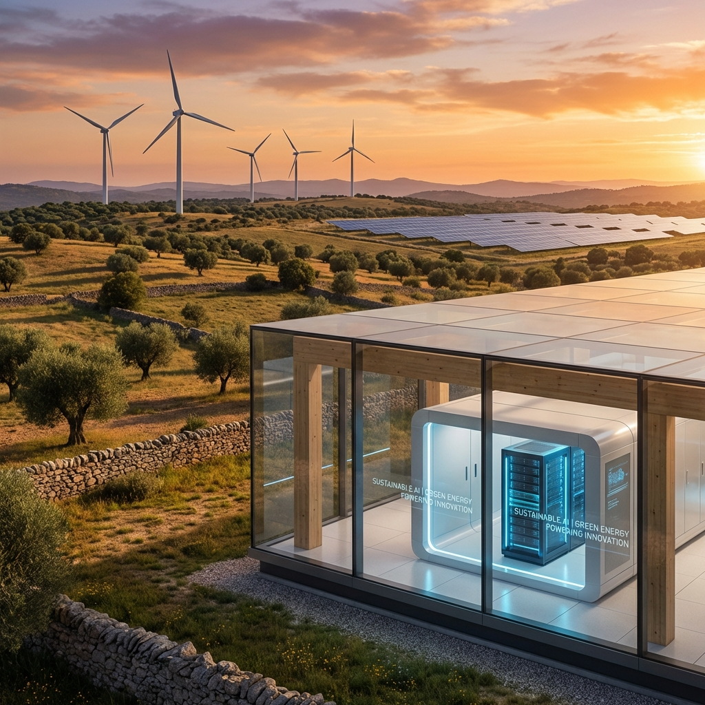 Sala de servidores de vanguardia con conexiones de fibra óptica azul y patrones de redes neuronales, simbolizando la potencia técnica y la baja latencia de la IA On-Premise.