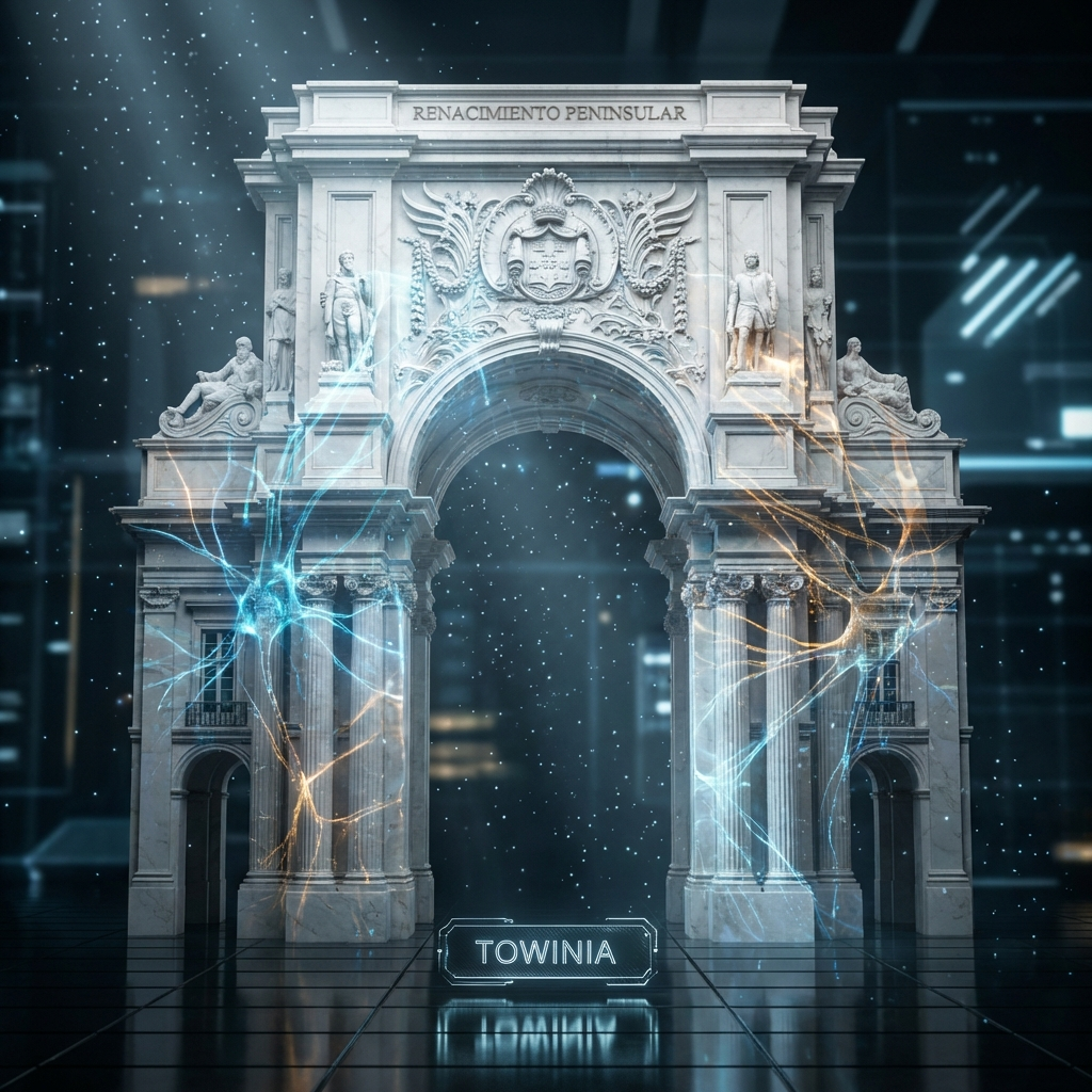 Escudo digital luminoso protegiendo una red local de infraestructuras externas, representando la soberanía tecnológica y la independencia de Towin-IA frente a nubes extranjeras.