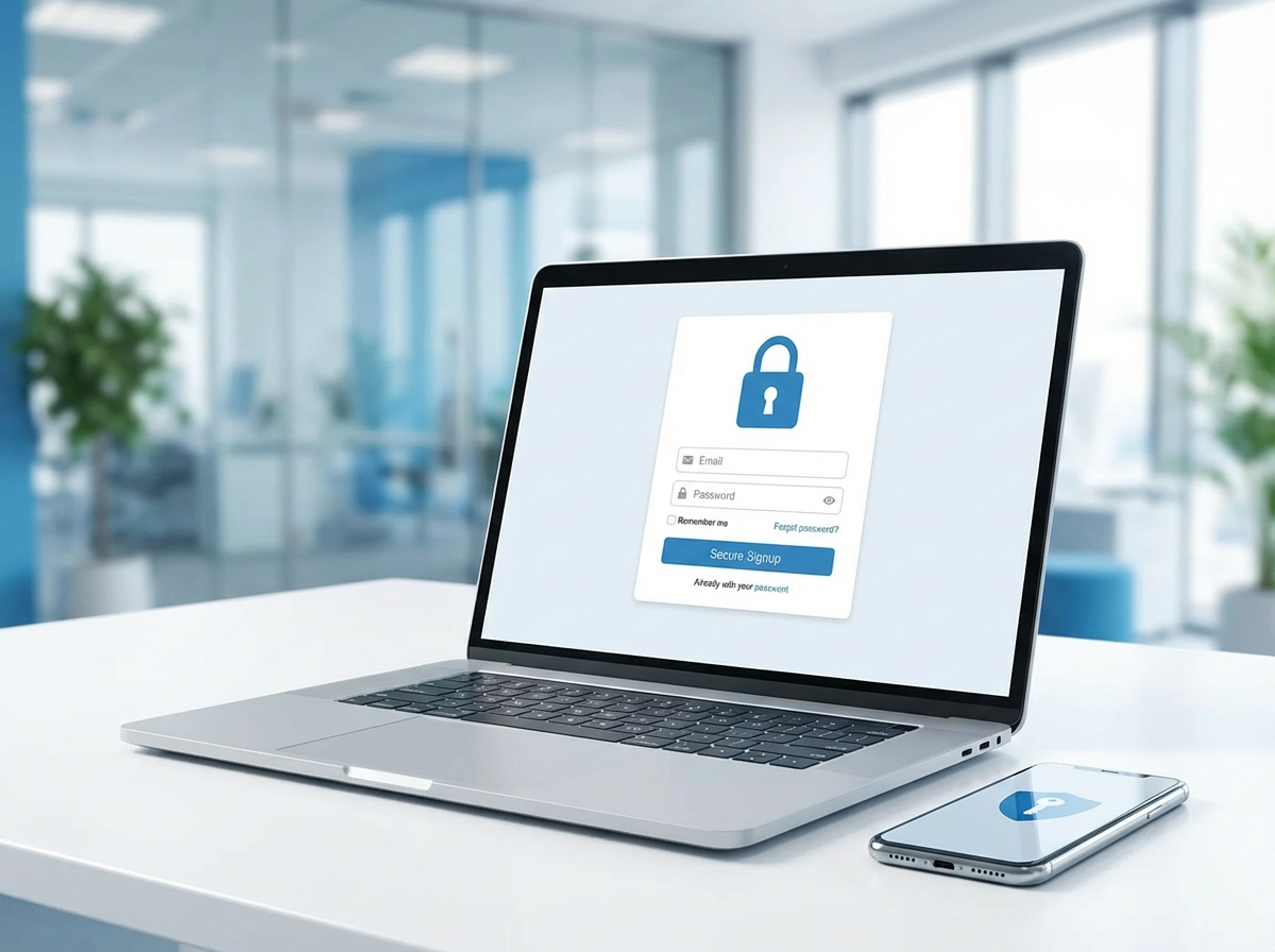 Icono de candado blanco sobre una tecla azul en un teclado, representando la seguridad de datos y privacidad.