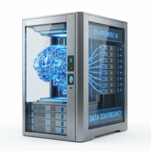 Cerebro tecnológico digital integrado en un servidor de alta seguridad, representando el núcleo de procesamiento de IA On-Premise y la soberanía de datos locales de Towin-IA.