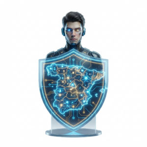 Ilustración de un joven experto en tecnología protegiendo la Península Ibérica con un escudo digital de inteligencia artificial, representando la soberanía tecnológica y el talento joven de Towin-IA.