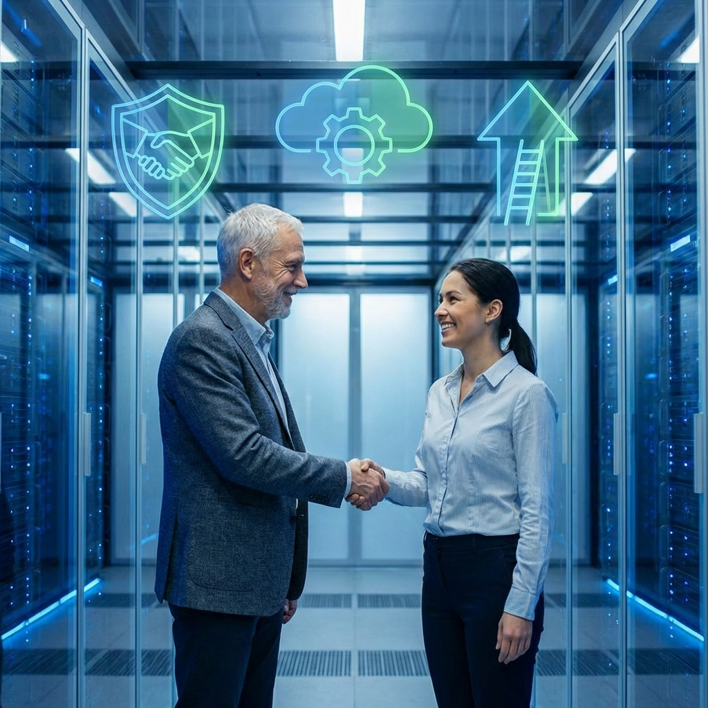 Sala de servidores de vanguardia con conexiones de fibra óptica azul y patrones de redes neuronales, simbolizando la potencia técnica y la baja latencia de la IA On-Premise.