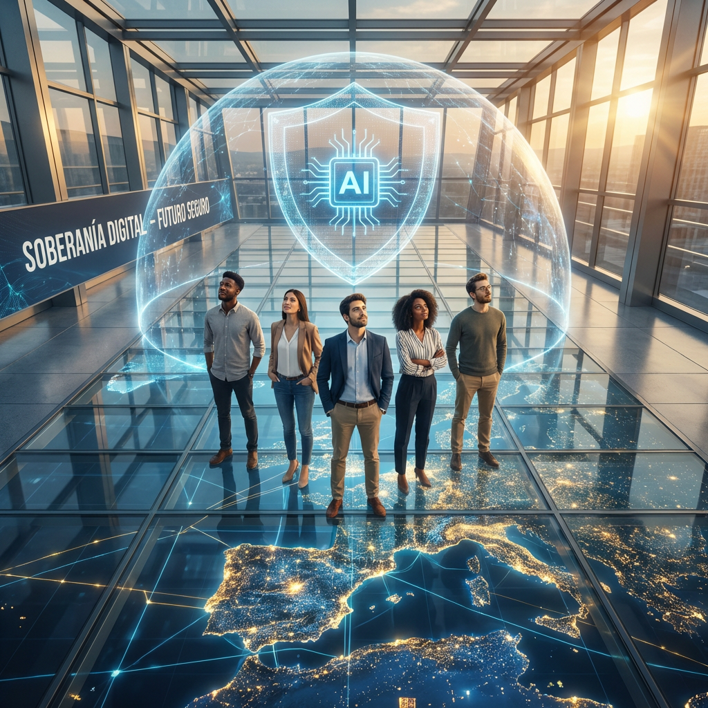 Equipo de expertos técnicos colaborando en un entorno de innovación con pantallas holográficas, simbolizando la formación de talento y el crecimiento tecnológico en Zamora.