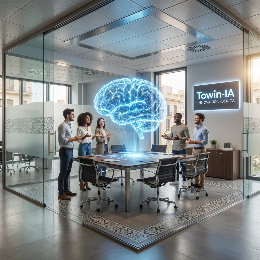 Holograma de un cerebro y alrededor un equipo de expertos técnicos colaborando en un entorno de innovación con pantallas holográficas, simbolizando la formación de talento y el crecimiento tecnológico en Zamora.