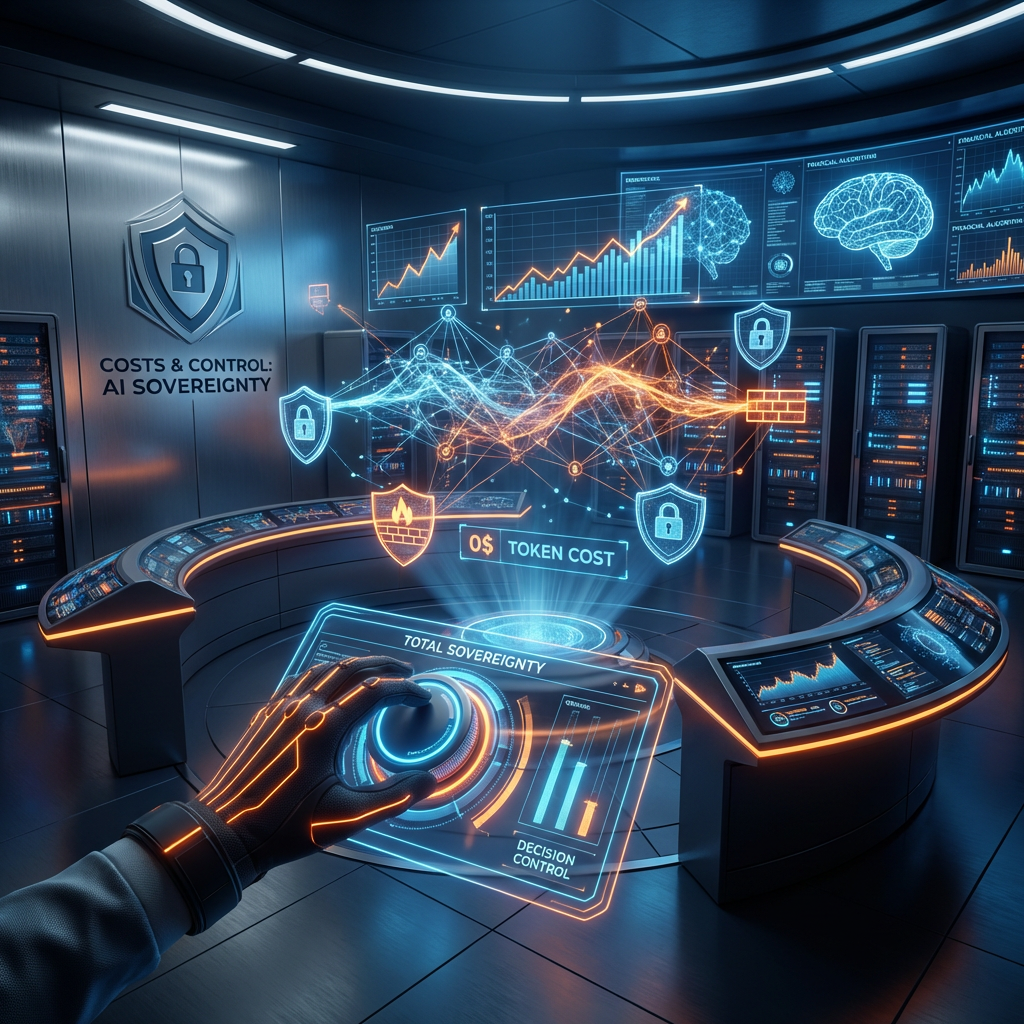 Sala de servidores de vanguardia con conexiones de fibra óptica azul y patrones de redes neuronales, simbolizando la potencia técnica y la baja latencia de la IA On-Premise.