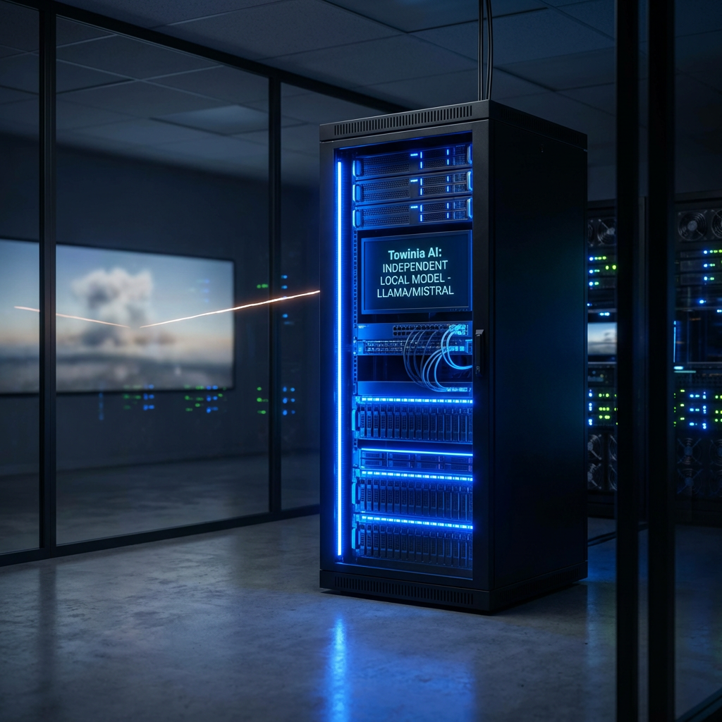 Escudo digital luminoso protegiendo una red local de infraestructuras externas, representando la soberanía tecnológica y la independencia de Towin-IA frente a nubes extranjeras.