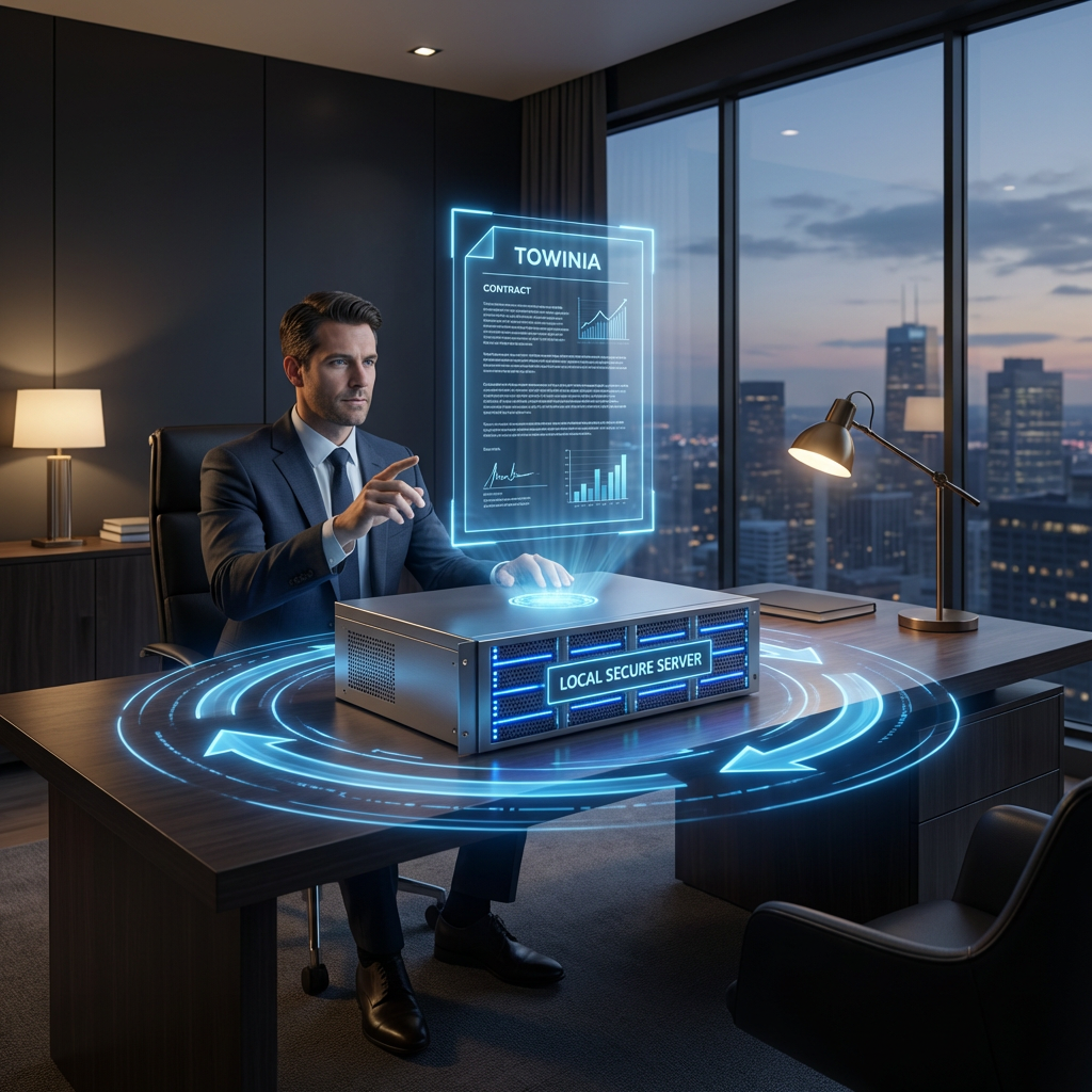 Escudo digital luminoso protegiendo una red local de infraestructuras externas, representando la soberanía tecnológica y la independencia de Towin-IA frente a nubes extranjeras.