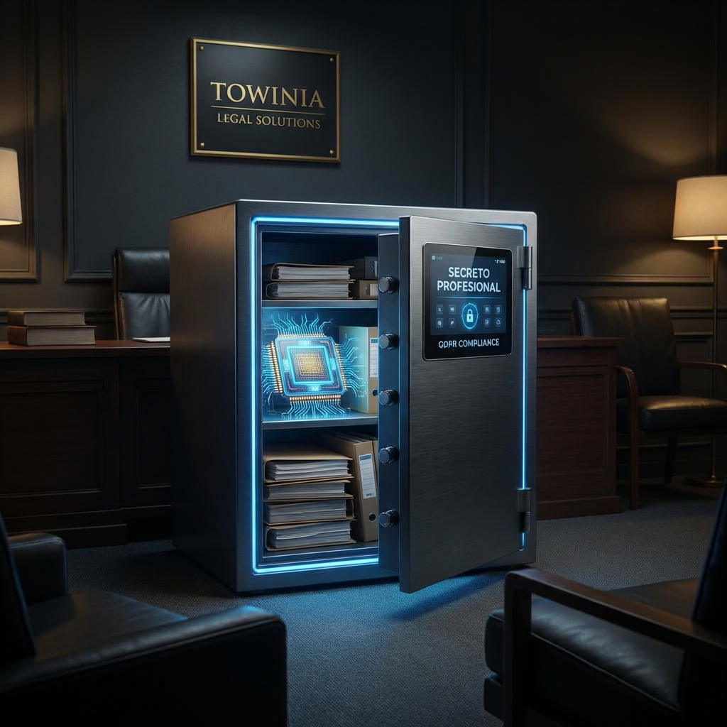 Sala de servidores de vanguardia con conexiones de fibra óptica azul y patrones de redes neuronales, simbolizando la potencia técnica y la baja latencia de la IA On-Premise.