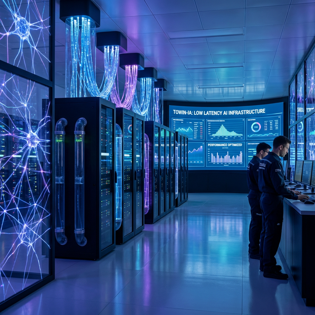 Sala de servidores de vanguardia con conexiones de fibra óptica azul y patrones de redes neuronales, simbolizando la potencia técnica y la baja latencia de la IA On-Premise.