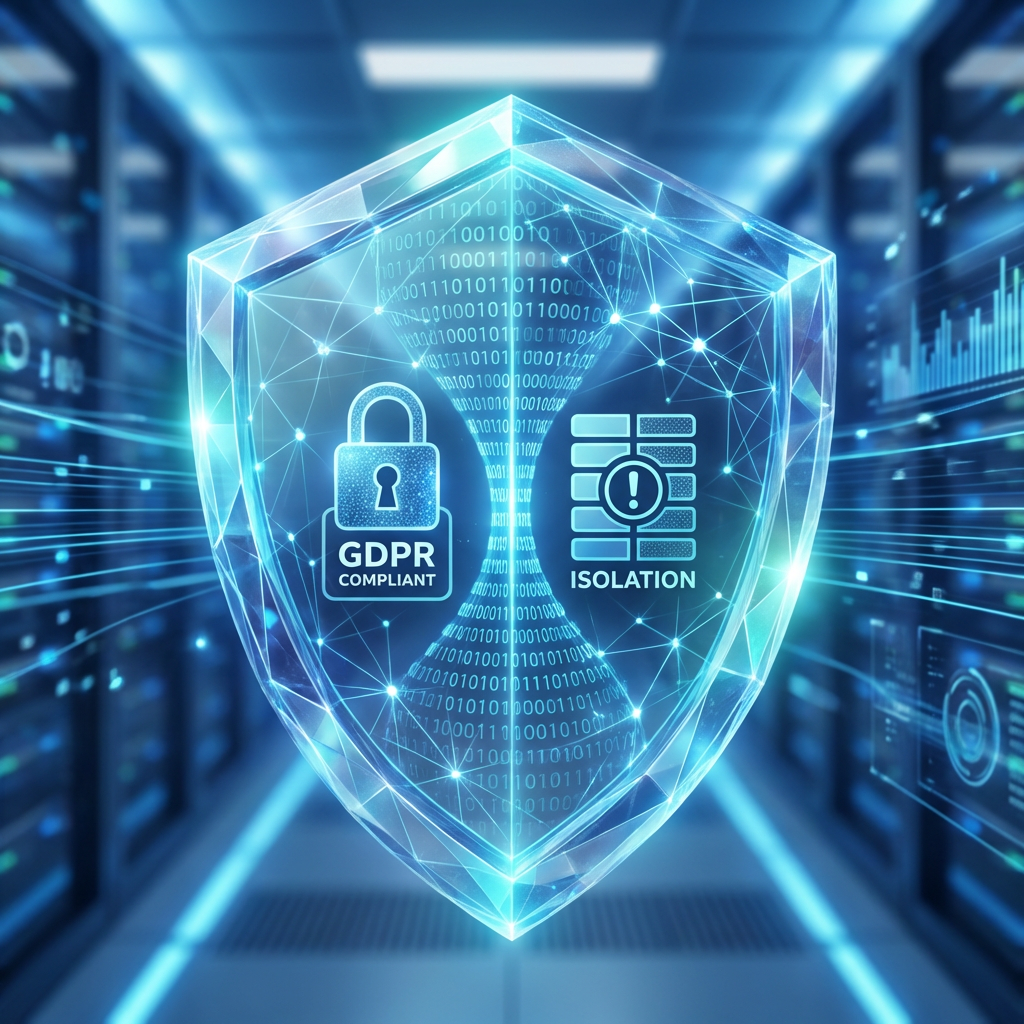 Escudo hexagonal cristalino protegiendo flujos de datos binarios y conexiones de IA, representando el aislamiento del dato y la privacidad total en el ecosistema Towin-IA.