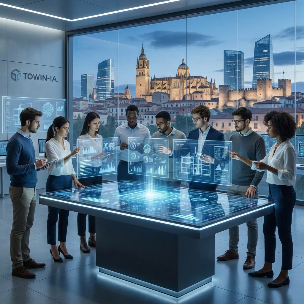 Equipo de expertos técnicos colaborando en un entorno de innovación con pantallas holográficas, simbolizando la formación de talento y el crecimiento tecnológico en Zamora.