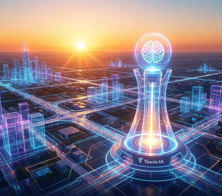 Amanecer futurista sobre un paisaje digital con un faro central de inteligencia artificial, representando el liderazgo de Towin-IA hacia un futuro digital seguro e independiente.