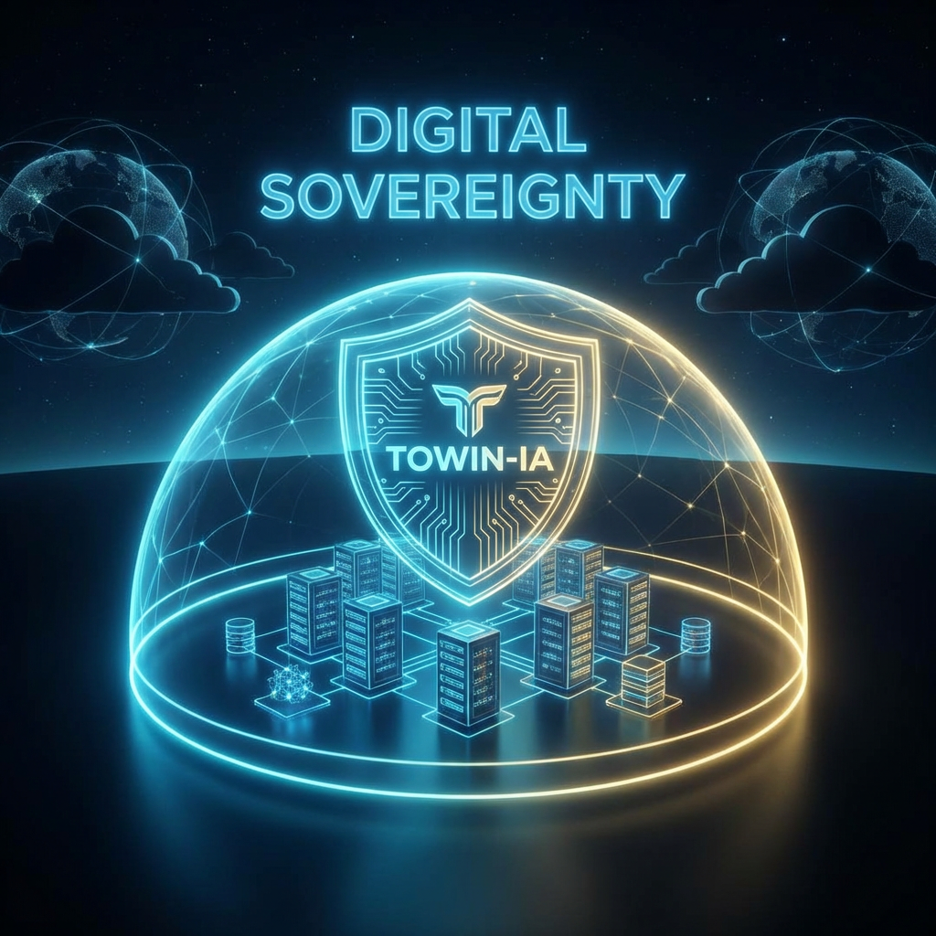 Escudo digital luminoso protegiendo una red local de infraestructuras externas, representando la soberanía tecnológica y la independencia de Towin-IA frente a nubes extranjeras.