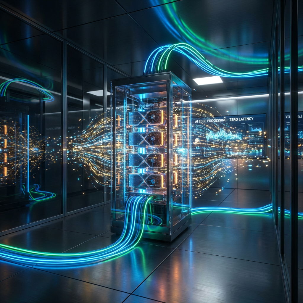 Sala de servidores de vanguardia con conexiones de fibra óptica azul y patrones de redes neuronales, simbolizando la potencia técnica y la baja latencia de la IA On-Premise.