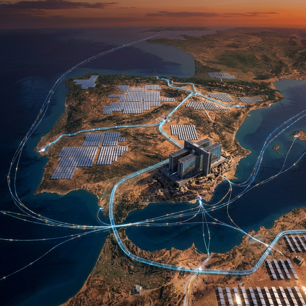 Sala de servidores de vanguardia con conexiones de fibra óptica azul y patrones de redes neuronales, simbolizando la potencia técnica y la baja latencia de la IA On-Premise.