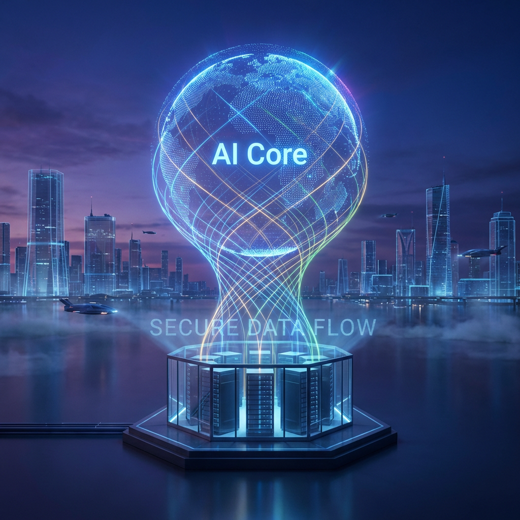 Sala de servidores de vanguardia con conexiones de fibra óptica azul y patrones de redes neuronales, simbolizando la potencia técnica y la baja latencia de la IA On-Premise.