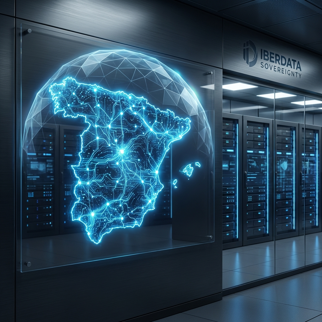 Escudo digital luminoso protegiendo una red local de infraestructuras externas, representando la soberanía tecnológica y la independencia de Towin-IA frente a nubes extranjeras.