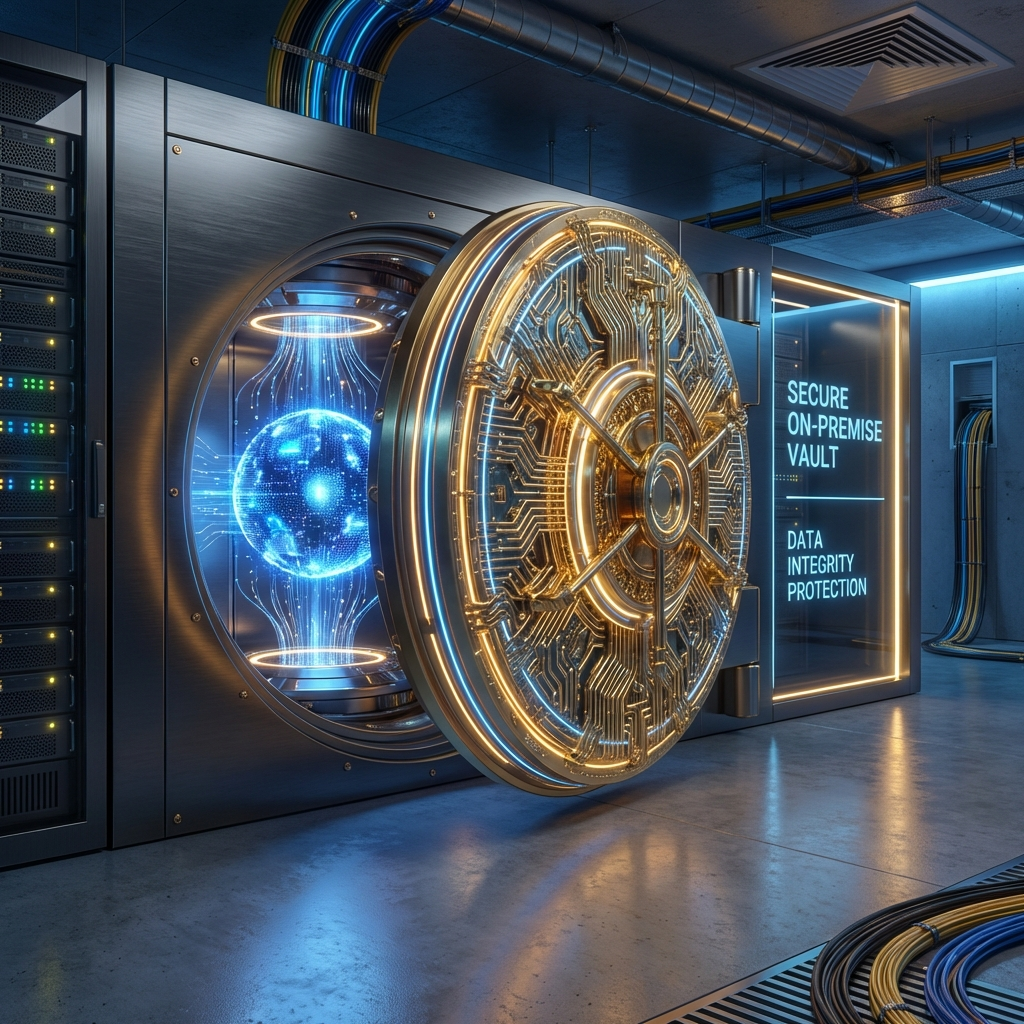 Escudo digital luminoso protegiendo una red local de infraestructuras externas, representando la soberanía tecnológica y la independencia de Towin-IA frente a nubes extranjeras.