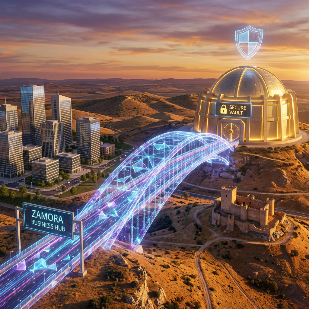 Sala de servidores de vanguardia con conexiones de fibra óptica azul y patrones de redes neuronales, simbolizando la potencia técnica y la baja latencia de la IA On-Premise.