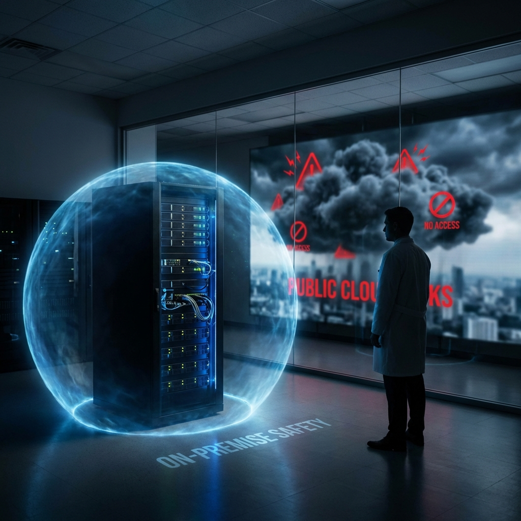 Sala de servidores de vanguardia con conexiones de fibra óptica azul y patrones de redes neuronales, simbolizando la potencia técnica y la baja latencia de la IA On-Premise.