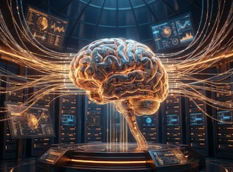 Cerebro digital dorado conectado a sistema de 5 agentes de ciberseguridad integrados: red neuronal luminosa con flujos de datos naranja y azul, centro de control futurista con pantallas de monitoreo en tiempo real, análisis de amenazas, detección de intrusiones, respuesta automática y recuperación de sistemas, servidores de data center con indicadores de seguridad en fondo oscuro de sala técnica.