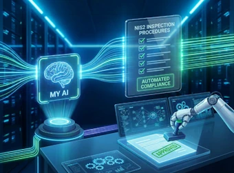 Ilustración de sistema de IA con automatización de diagnósticos NDII: cabeza de robot con etiqueta "MY AI" conectada a flujos de datos azules y verdes, pantalla mostrando procedimientos de inspección automatizados, robot manipulador, laptop y tablet en entorno de data center futurista.