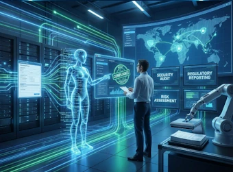 Entorno de data center con sistema de inteligencia artificial para compliance: holograma de robot "MY AI" emisor de flujos de datos neón azul y verde, pantalla digital con procedimientos de inspección NIRI y checklist de cumplimiento automatizado, brazo robótico manipulador, estación de trabajo con laptop y tablet conectadas, servidores y engranajes digitales en fondo futurista de centro de datos.