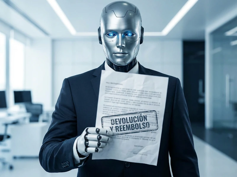 Robot androide plateado en traje corporativo sosteniendo documento certificado de devolución y reembolso en oficina moderna.