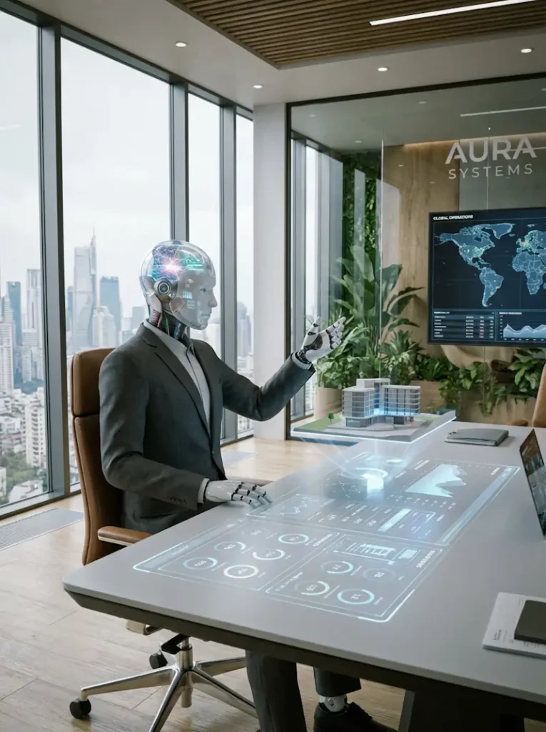 Gestora de inteligencia artificial — búsqueda documental con IA. Interfaz holográfica para análisis inteligente de datos y documentos empresariales.