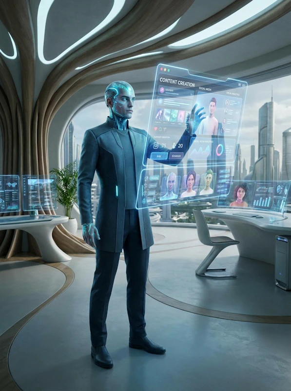 Agente de marketing cyborg con interfaz holográfica interactiva en oficina futurista, analizando datos de redes sociales on-premise