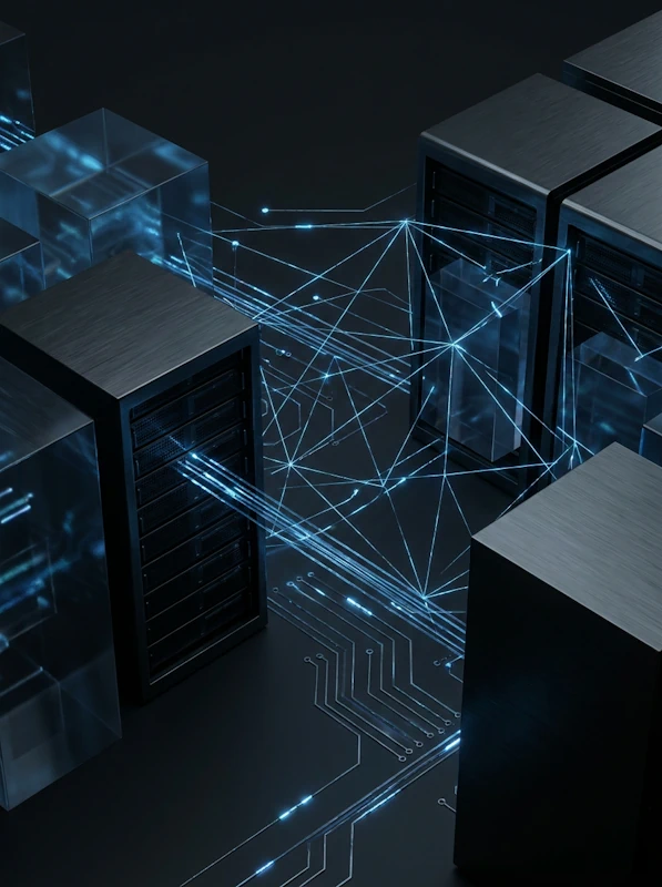Centro de Procesamiento de Datos CPD con racks de servidores, cubos de datos y red neuronal de IA on-premise para gestión empresarial