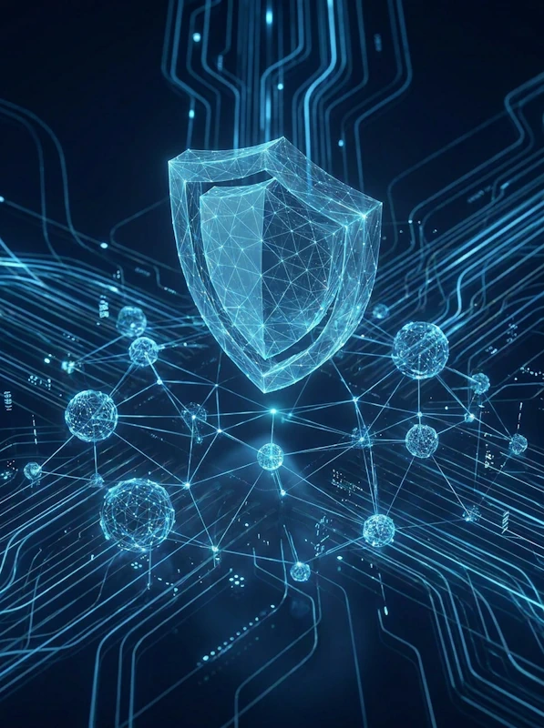 Escudo digital transparente conectado a red de nodos de inteligencia artificial con flujos de datos, representando ciberseguridad on-premise