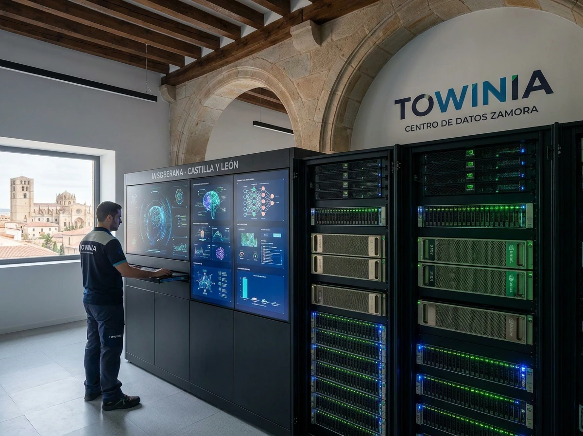 Interior del centro de datos de TOWINIA en Zamora con servidores NVIDIA y técnico supervisando paneles de IA soberana