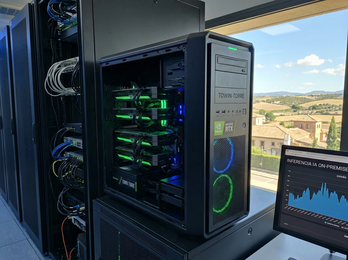 Servidor TOWIN‑TORRE ejecutando inferencia de IA on‑premise en España con GPU NVIDIA RTX.