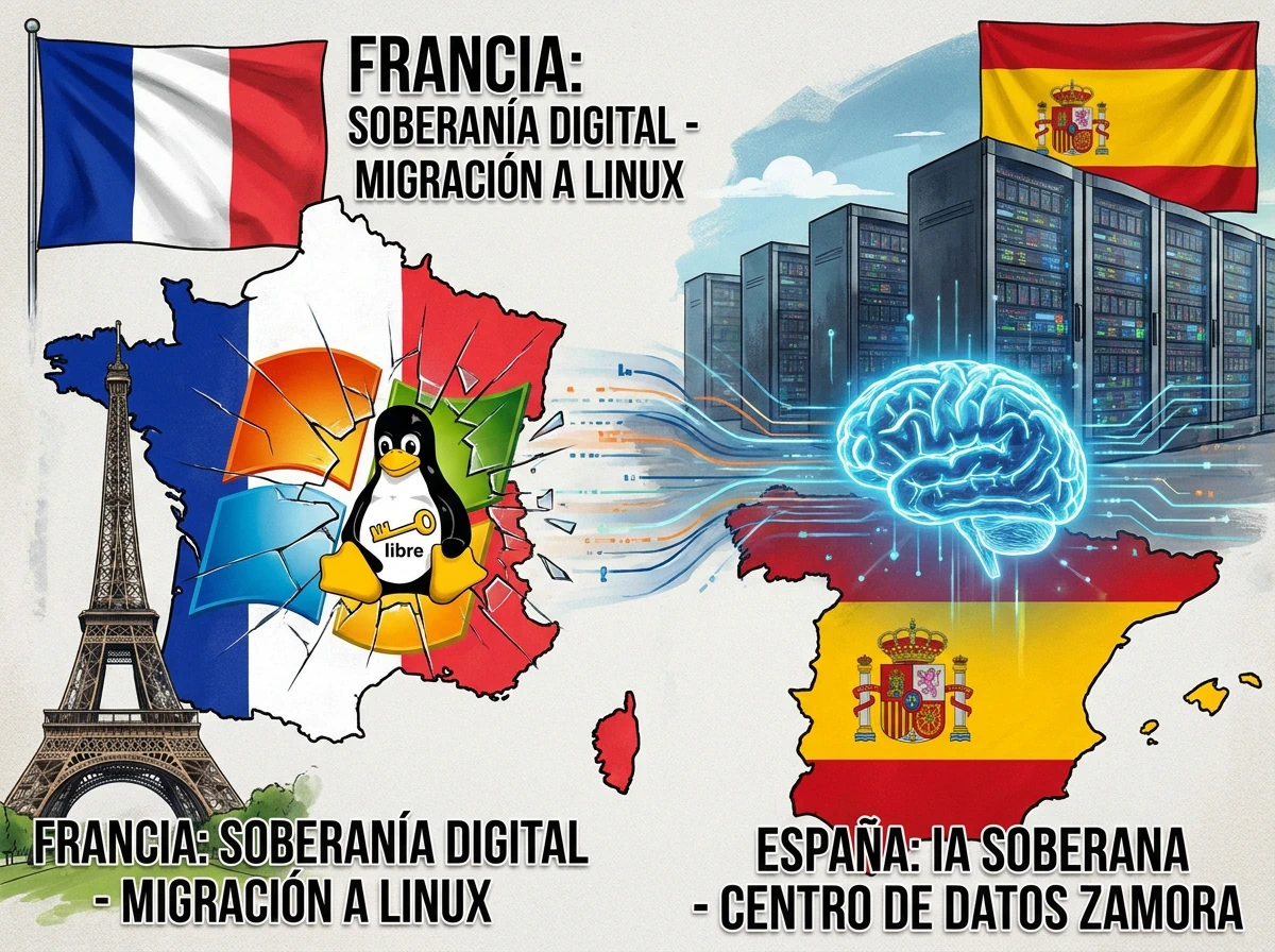 Francia sustituye Windows por Linux para recuperar la soberanía de los datos. Ilustración conceptual del plan francés de migración a software libre y el auge de la inteligencia artificial soberana en España con centro de datos en Zamora