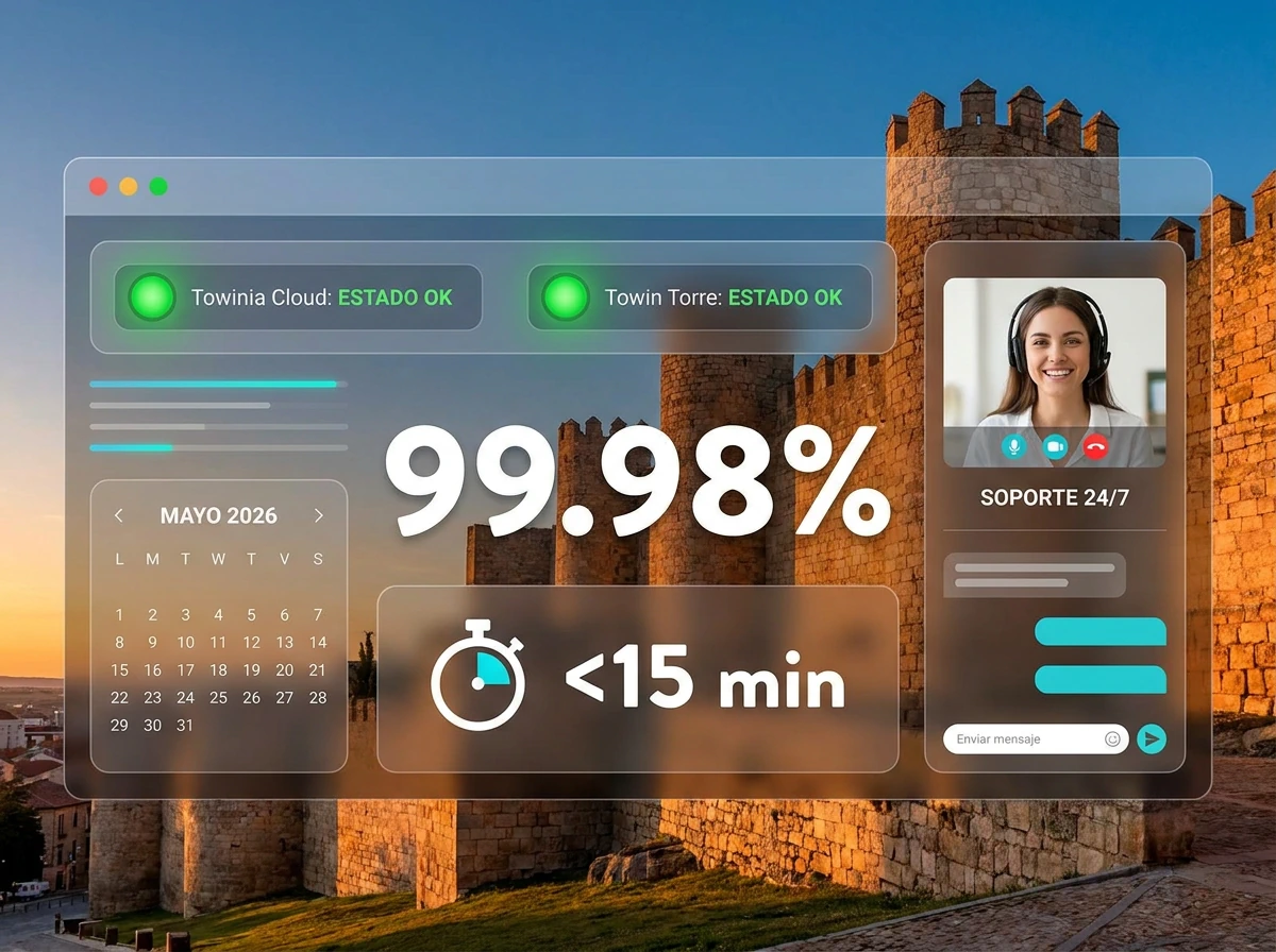 Transparencia y status de servicios - Disponibilidad 99.98% mayo 2026 - MTTR 15 minutos - Soporte 24/7 - CPD Zamora TOWINIA