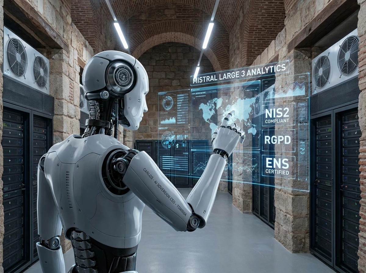 Agente CEO digital CARLOS de TOWINIA, inteligencia artificial soberana on-premise con Mistral Large 3 Denso Q5, analizando datos estratégicos en servidor ubicado en datacenter Muralla de Zamora (España), cumpliendo normativas NIS2, RGPD y ENS.